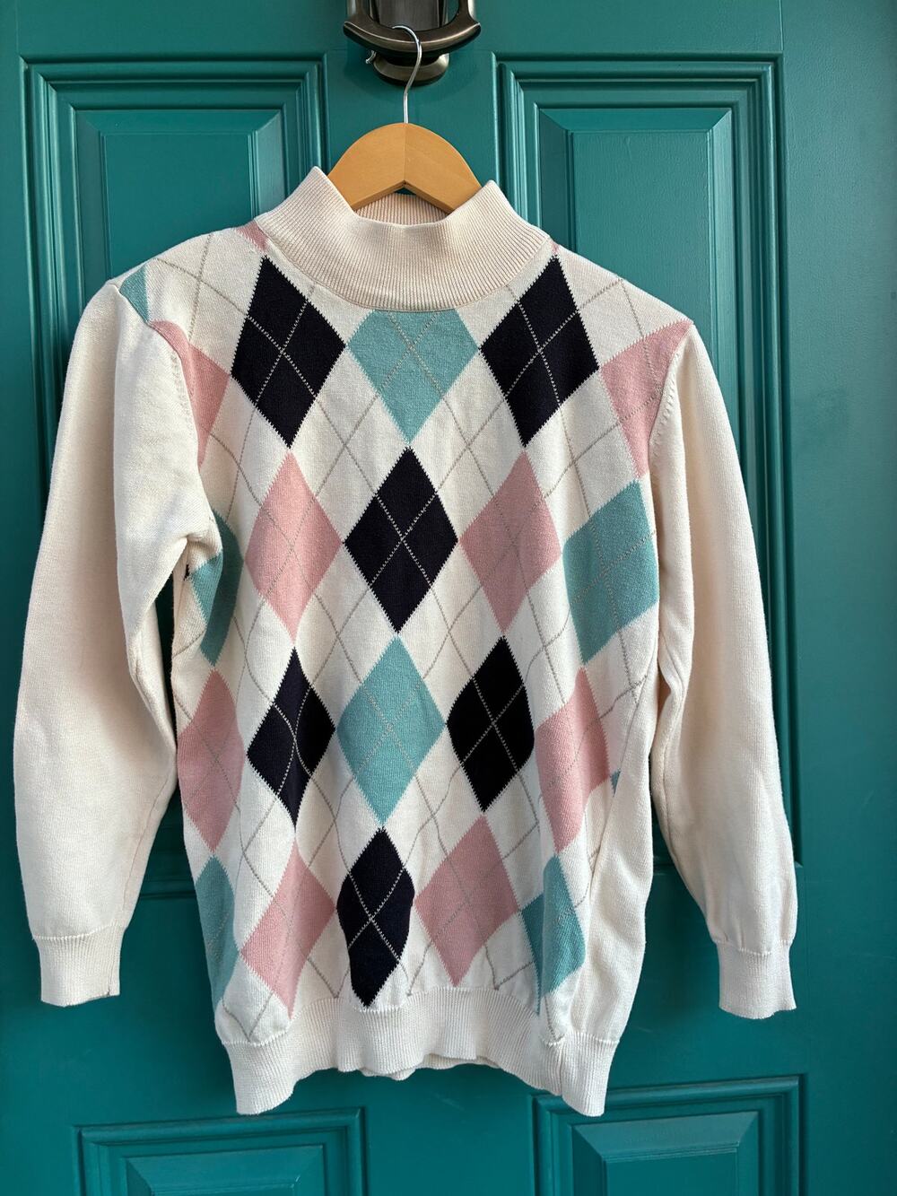 Petite Sophisticate Vintage 80's Argyle Sweater Black Teal Pink on Cream Size M